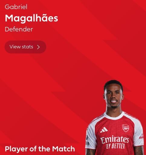 辉达官方平台-定海神针，加布里埃尔当选布莱顿vs阿森纳全场最佳球员